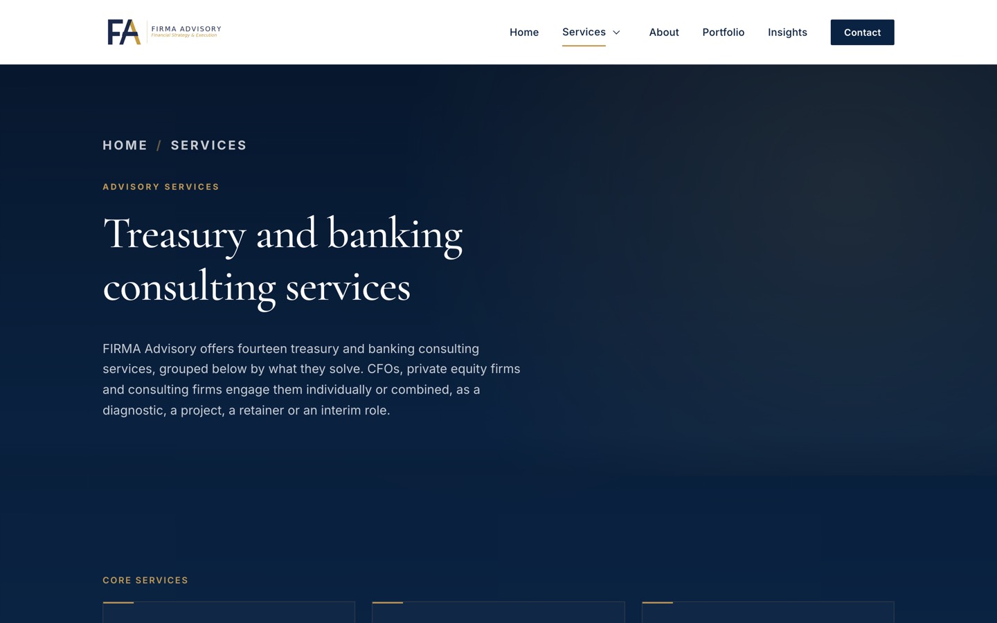 Firma Advisory services page on desktop, a website for a US based treasury and banking consultancy