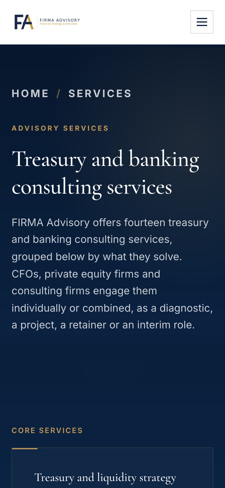 Firma Advisory services page on a phone, with the headline and the service overview
