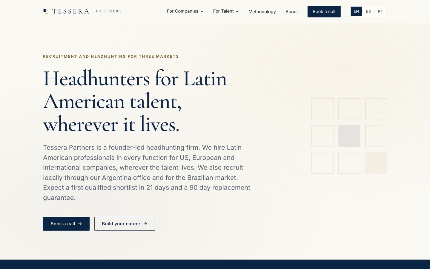 Portada del sitio de Tessera Partners en computadora, con el titular y los botones para empresas y candidatos