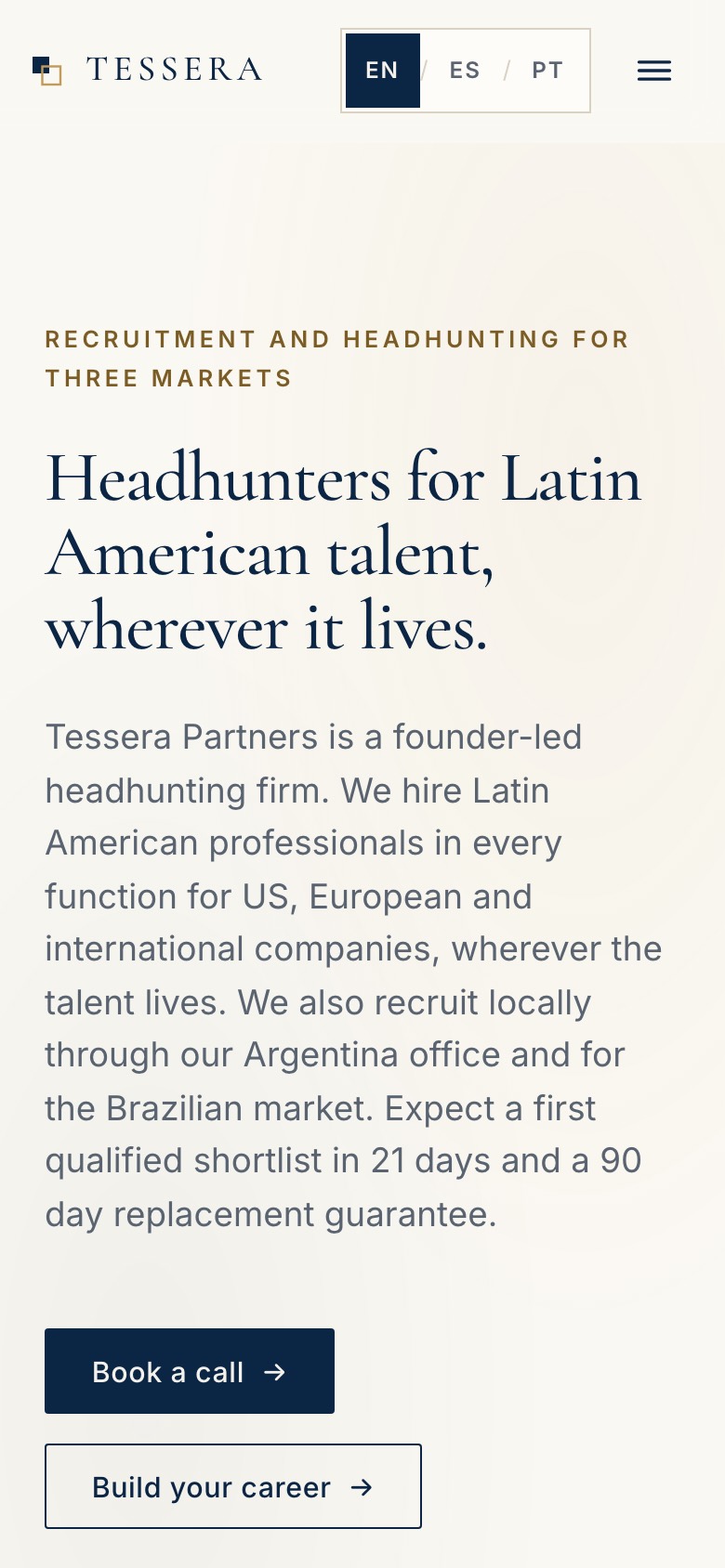 Tessera Partners website on a phone, with the language switcher and the buttons for companies and candidates