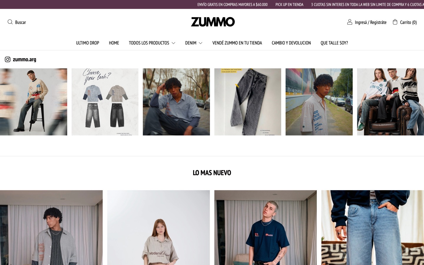 Portada de la tienda online de Zummo en Tiendanube, con el menú por categorías y los últimos productos